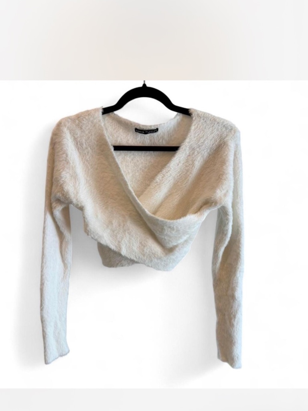SHEIN Cream Fuzzy Cropped Wrap Sweater